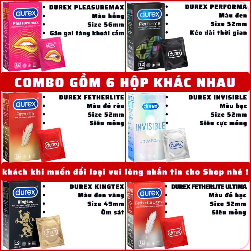 [FREE SHIP] Combo 6 Hộp Bao Cao Su Durex 70 cái tùy chọn. pleasuremax. invisible. performa. kingtex. fertherlite ultima