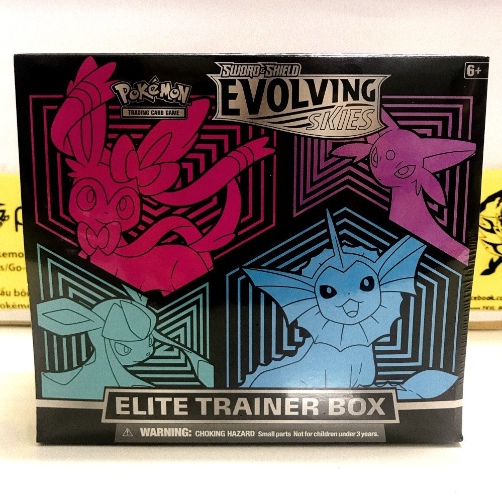 Hộp bài Pokemon TCG (ETB) Elite Trainer Box Evolving Skies Leafeon Flareon (xanh lá cam) / Sylveon Vaporeon (hồng xanh)