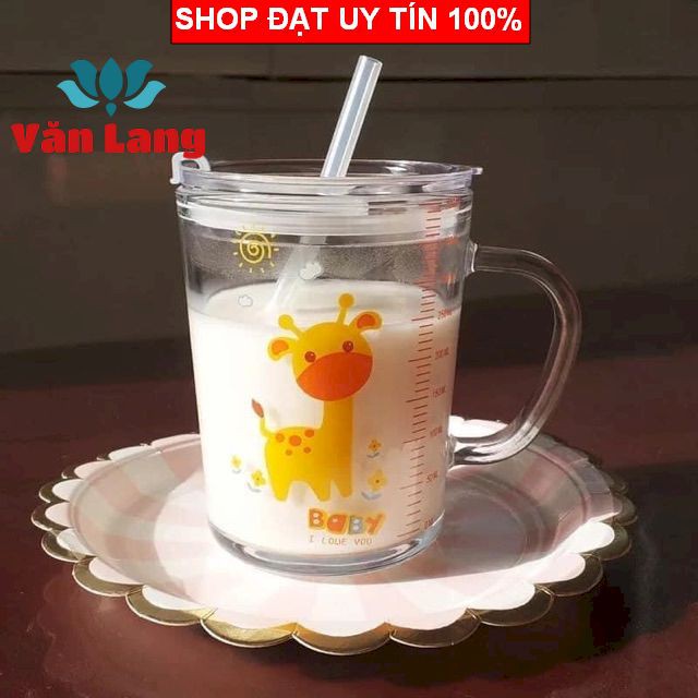(Loại đẹp) Cốc thuỷ tinh 3in1 400ml có nắp đậy chống tràn, cốc pha sữa cho bé có chia vạch