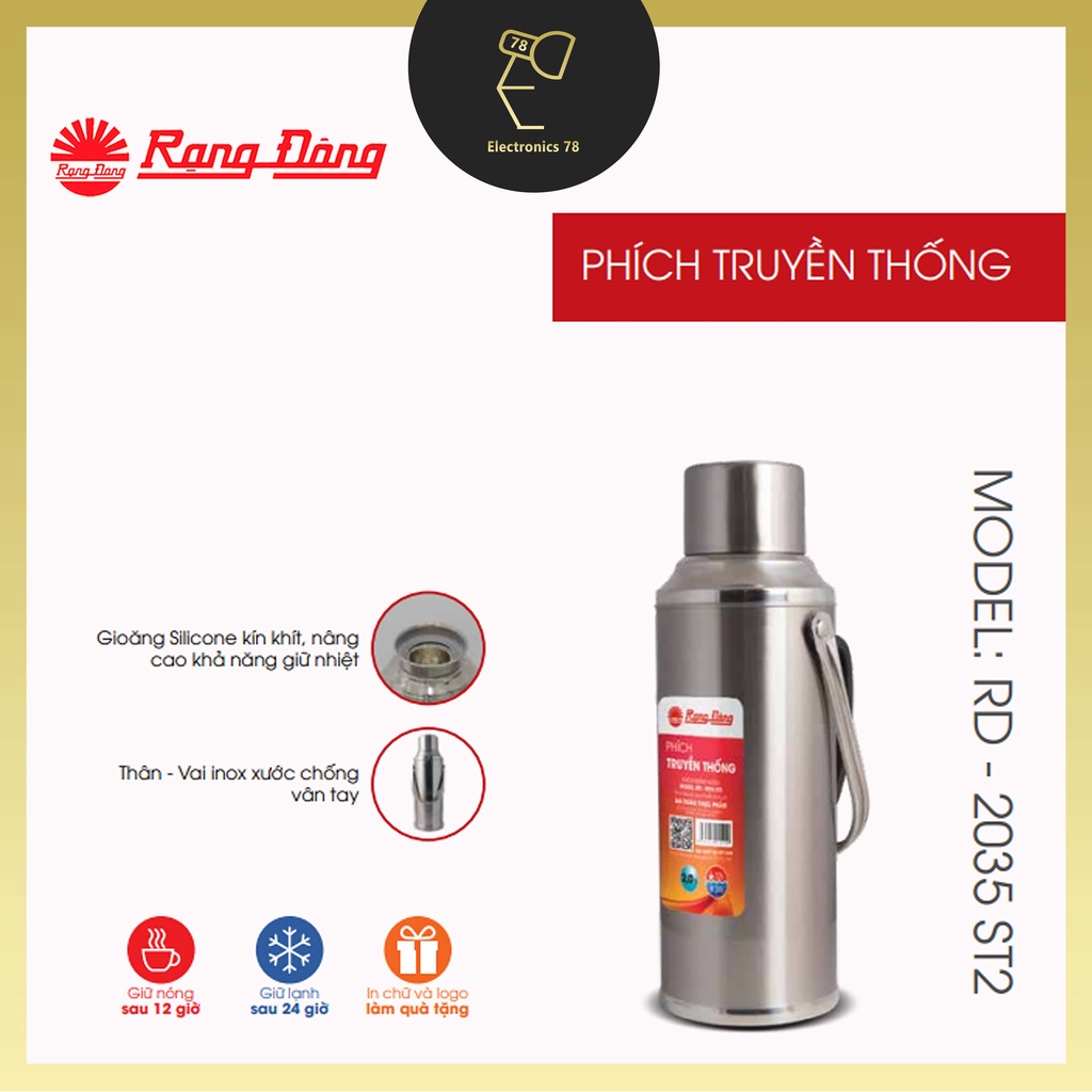 Phích giữ nhiệt 2.0L, Bình thủy Inox cao cấp Rạng Đông - 2035 ST2