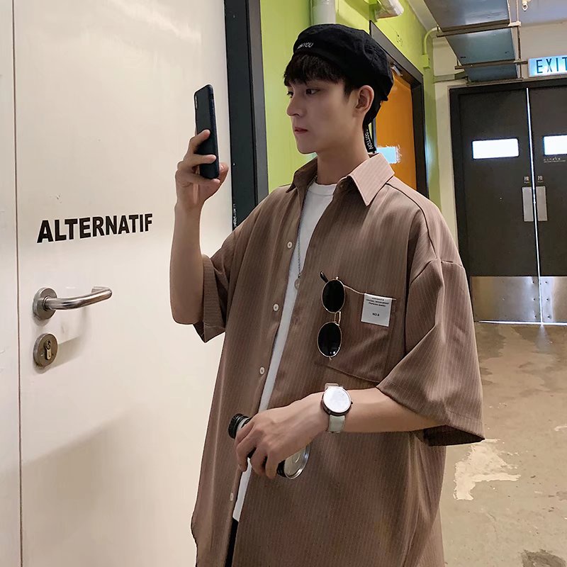 Áo Sơ Mi Tay Ngắn Dáng Rộng Thoáng Khí Phong Cách Hip Hop Đường Phố Hàn Quốc Thời Trang Mùa Hè Cho Nam