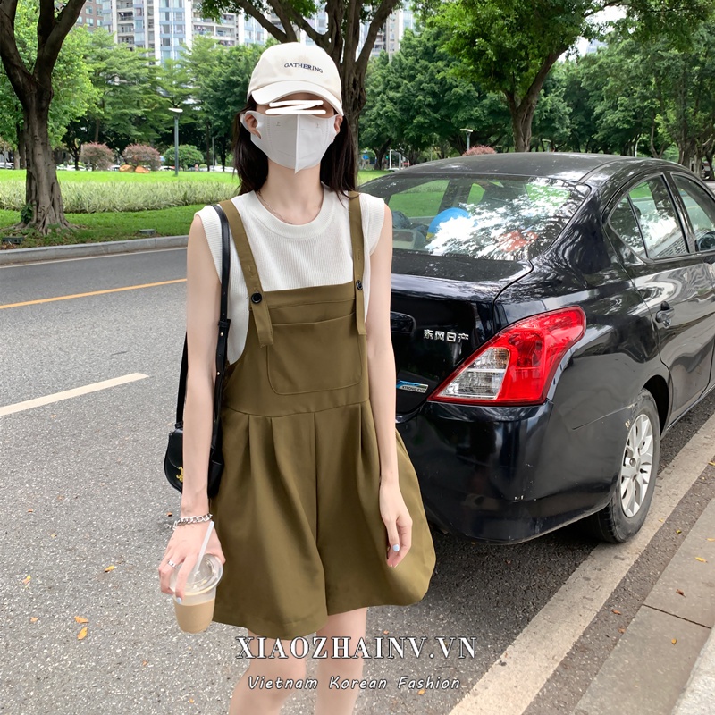 Bộ Áo Tank Top Dệt Kim Màu Sắc Trơn + Quần Short Yếm Phong Cách Hàn Quốc Thời Trang Cho