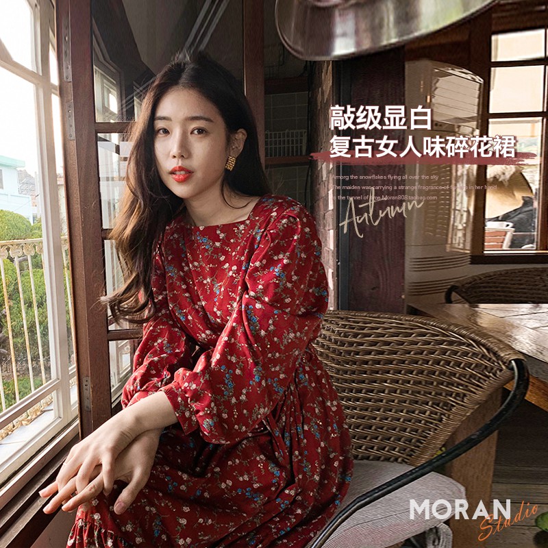 (ORDER) Váy dài tay MORAN voan hoa nhí màu đỏ vintage điệu đà Hàn Quốc mùa thu