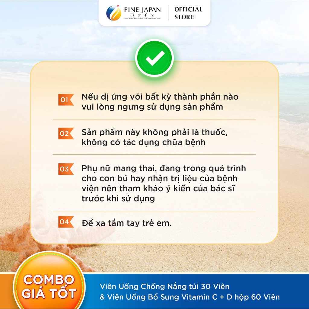 Combo Chống nắng sáng da FINE JAPAN - Viên uống chống nắng & Viên uống bổ sung Vitamin C + D 30 ngày