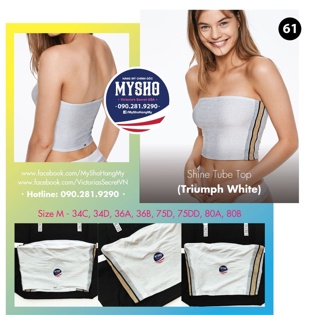 Áo ống 61 Shine Tube Triumph White, màu trắng lấp lánh, không dây - Size M - Victoria's Secret USA