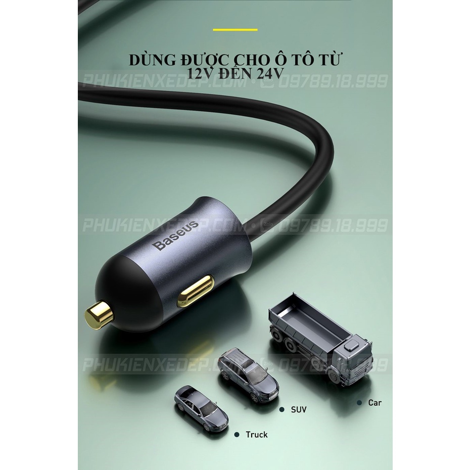 Tẩu sạc ô tô ⚡CAO CẤP⚡ Baseus 3 cổng USB 1 Type C có dây dài 120W sạc nhanh mở rộng BẢO HÀNH 6 tháng