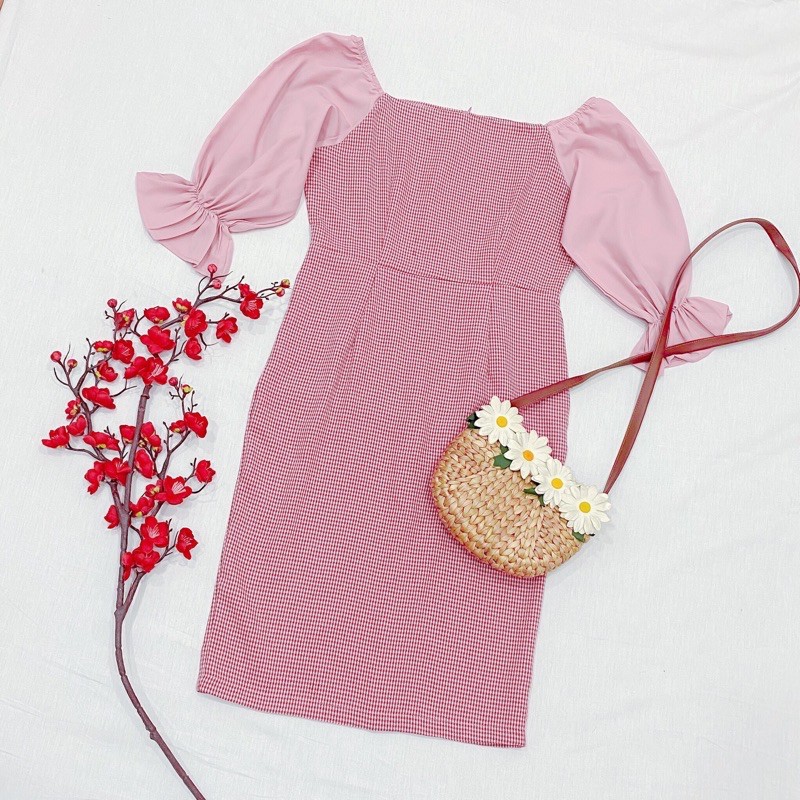 Đầm caro hồng phối tay voan hồng (kèm hình thật) | BigBuy360 - bigbuy360.vn