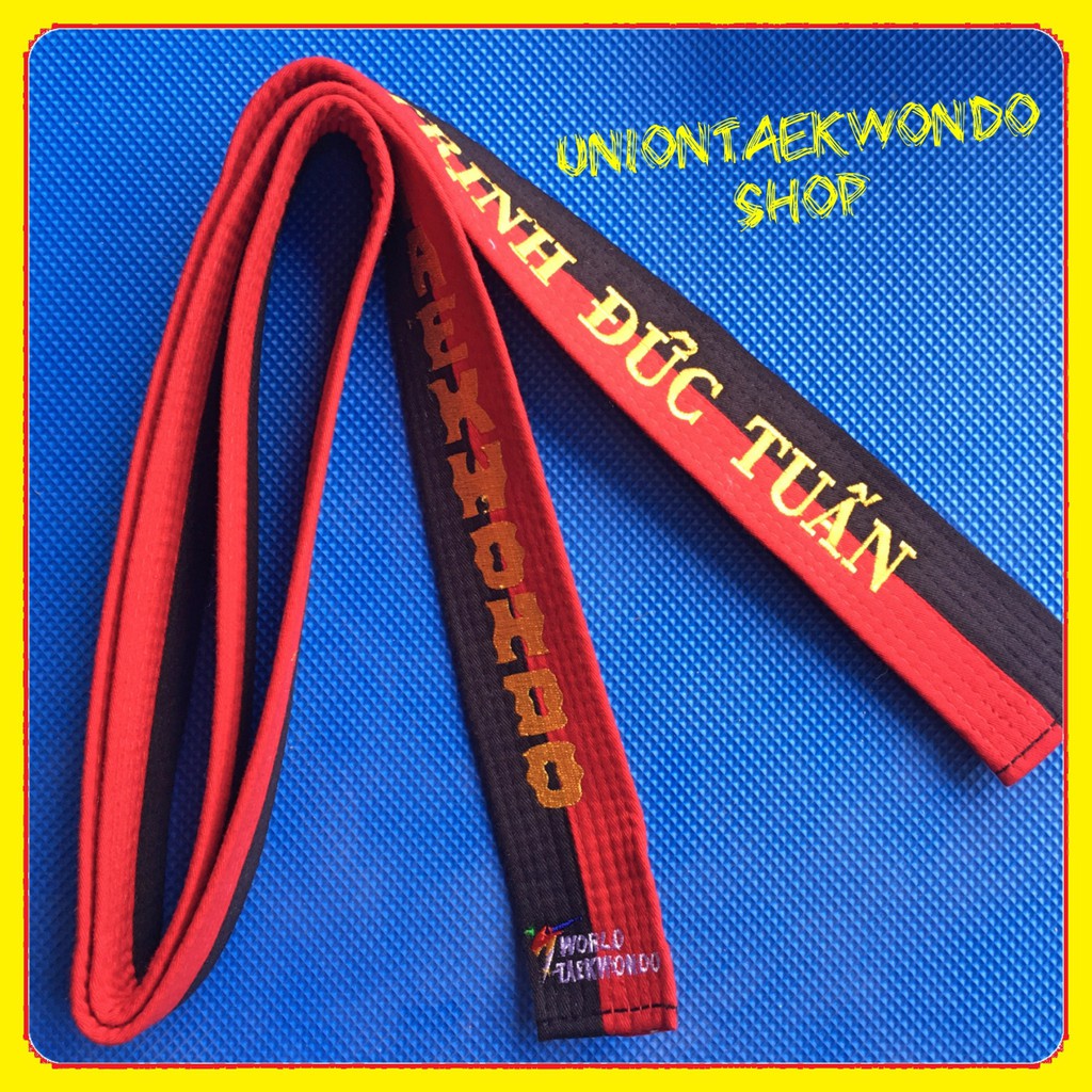 Miễn Phí Thêu Tên Đai Đỏ Đen Taekwondo #UnionTaekwondoSHOP Ngang 4.5cm