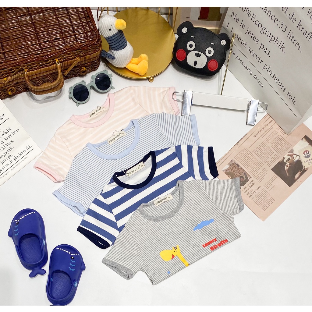 Bộ Tay Ngắn Quần Dài MINKY MOM COTTON HÀN Vải Sọc In Hình Ngộ Nghĩnh Cho Bé TN-IN114