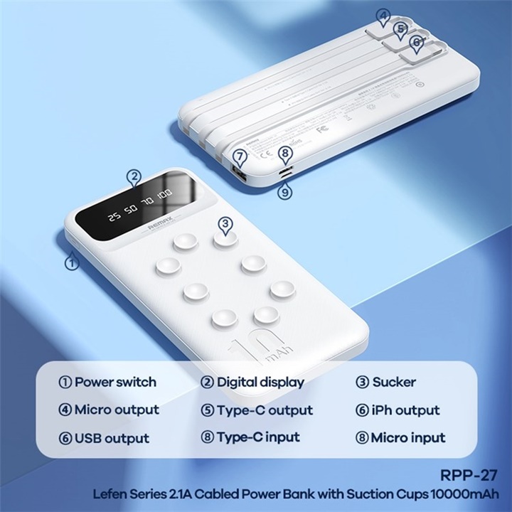 Pin Sạc Dự Phòng Remax RPP-27 10000 mAh Kèm Cáp 3 Đầu Kết Hợp Cao Su Hít Điện Thoại
