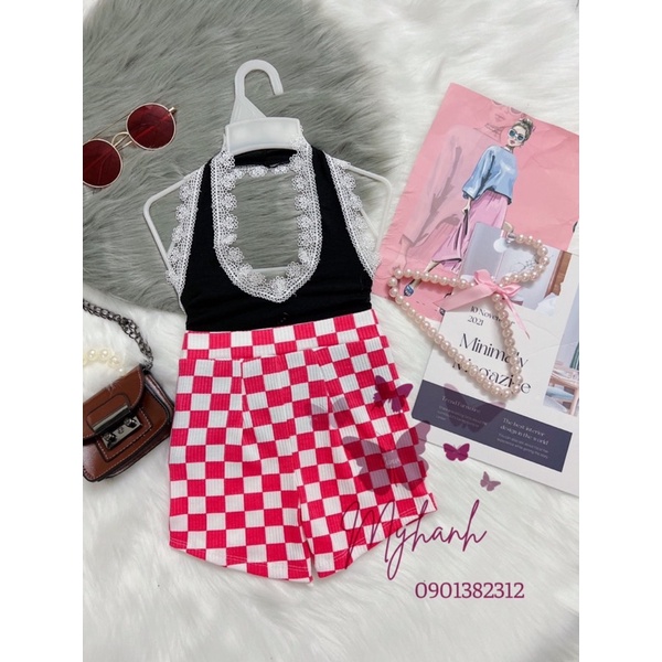 set áo yếm viền ren kèm quần caro cho bé 8-22kg