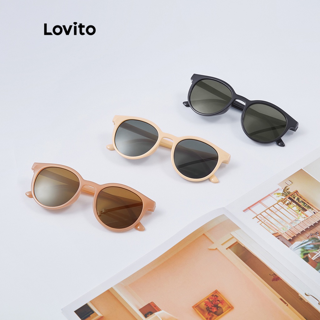 Kính mắt Lovito gọng tròn tròng có màu kiểu retro thường ngày với hộp đựng L17M182 (Màu be/Hồng)