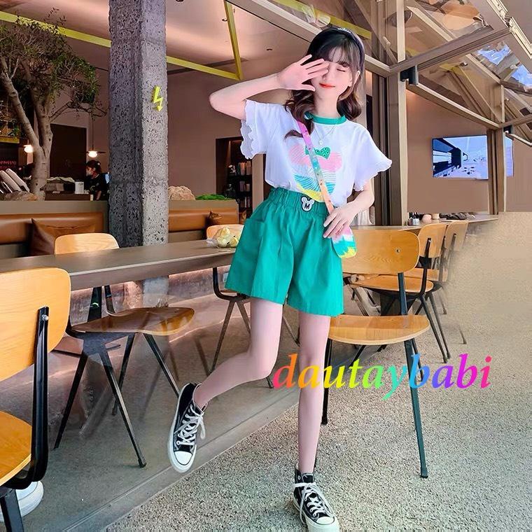 Bộ quần áo bé gái sành điêu áo thun cotton quần kate mùa hè 10-40kg cho bé gái 2-14 tuổi. Xinh xắn đáng yêu.