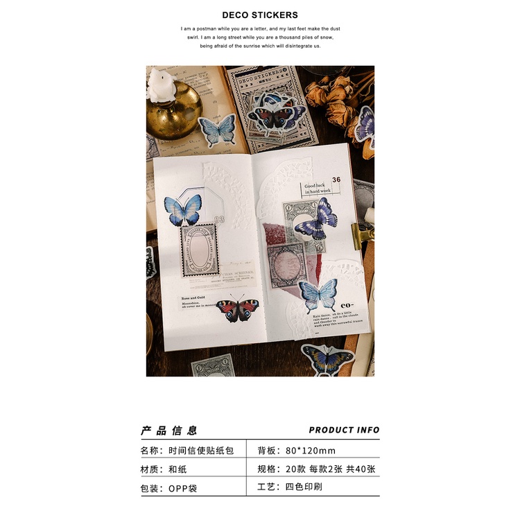 Bộ 40 miếng dán hình bướm hoa trang trí sổ album/tạp chí/văn phòng phẩm phong cách vintage DIY