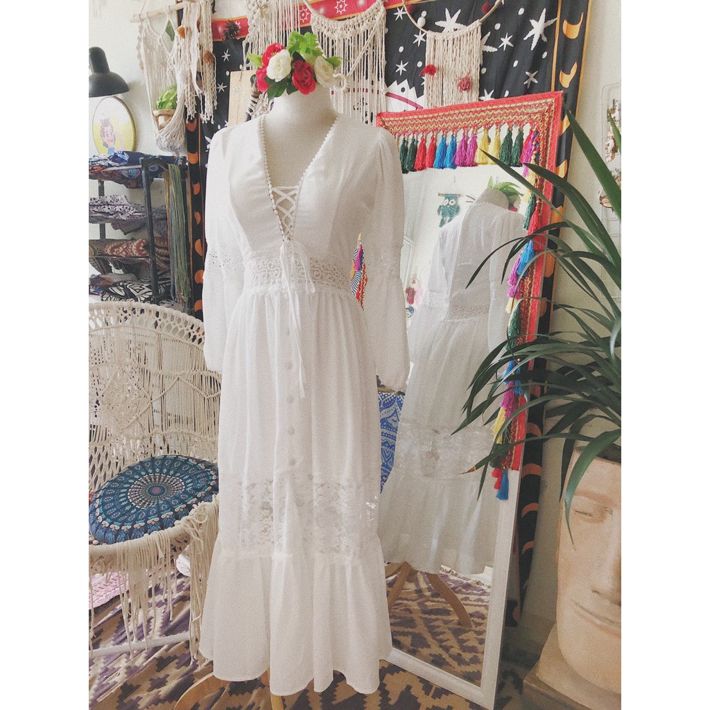 Đầm maxi nữ sẻ tà trắng ren dáng dài tiểu thư công chúa đi biển thích hợp chụp hình kỉ yếu nàng thơ xinh đẹp | BigBuy360 - bigbuy360.vn