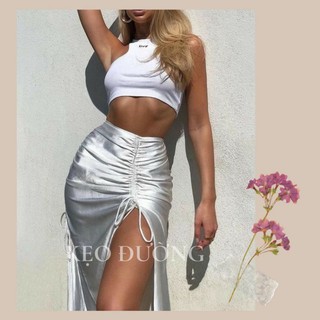 Chân váy satin lụa trắng Ulzzang Hàn Quốc rút dây xẻ tà 2 bên dáng dài qua gối sexy quyến rũ