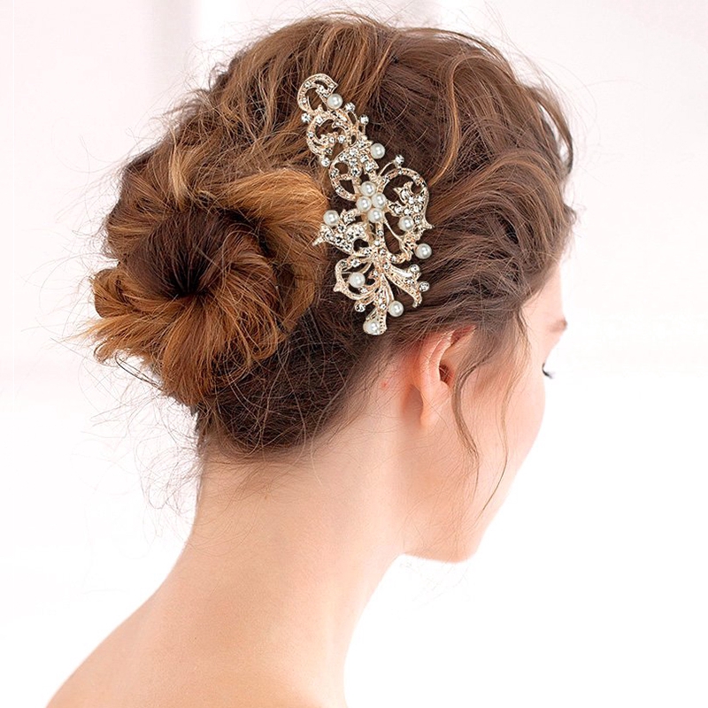 Cài tóc màu vàng hồng đính đá pha lê phù hợp cho cô dâu
