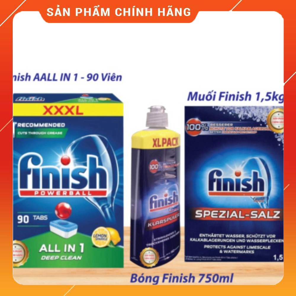 Combo rửa bát Finish: Hộp viên finish All In One 90 viên + Muối finish 1.5kg + Nước làm bóng 400ml - Nhập khẩu EU