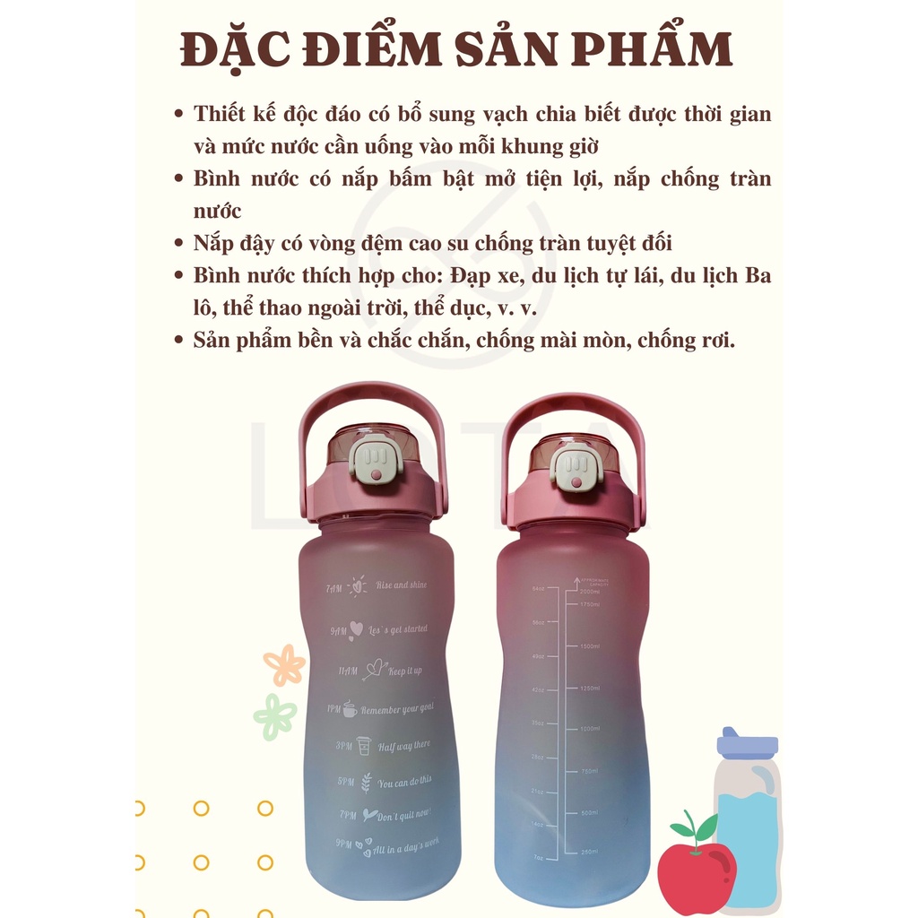 BÌNH NƯỚC 2 LÍT CÓ VẠCH CHIA THỜI GIAN UỐNG VÀ DUNG TÍCH 2L plastic water bottle 2 liters