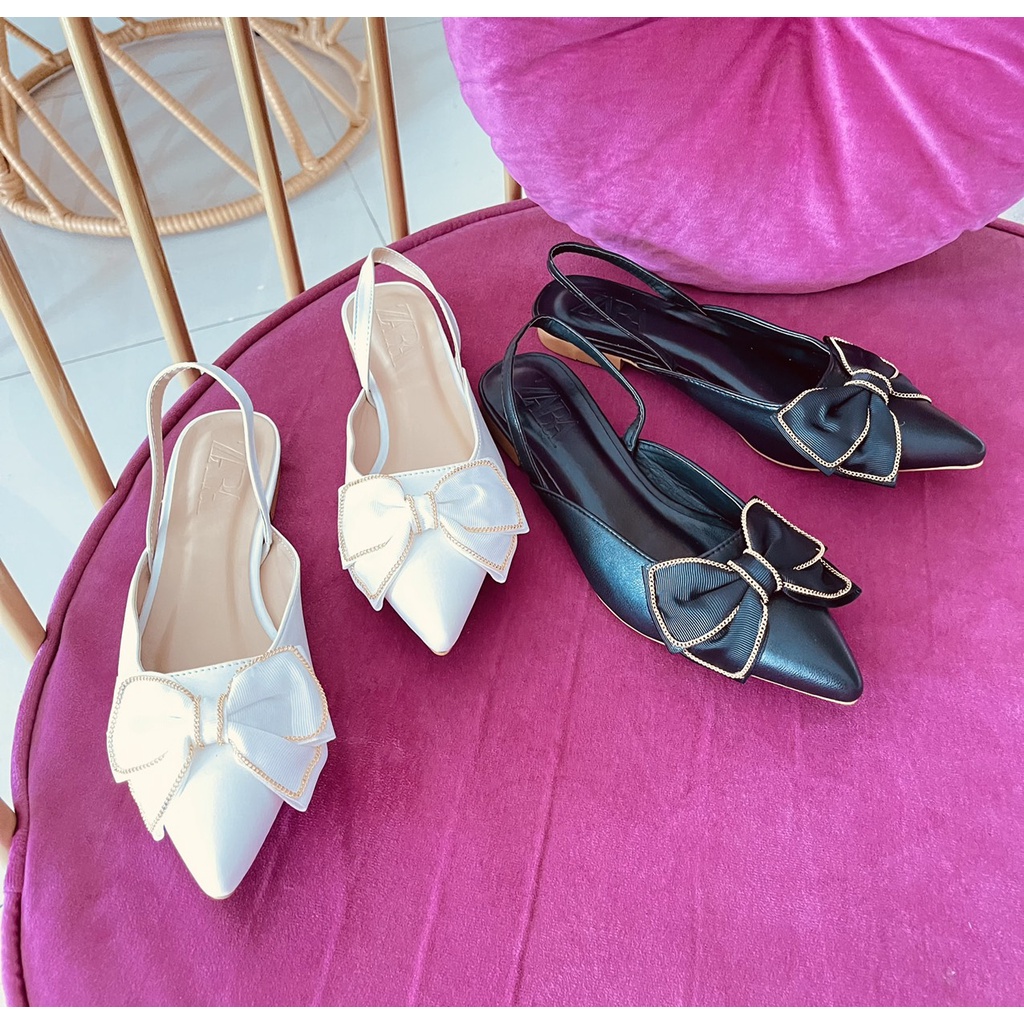 Sandal đế bệt mũi nhọn nơ vải viền xích nhỏ cực xinh