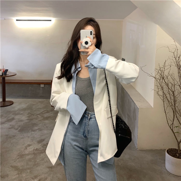 Áo khoác giả hai lớp tay dài dáng rộng thời trang mùa thu phong cách Hàn Quốc cho nữ