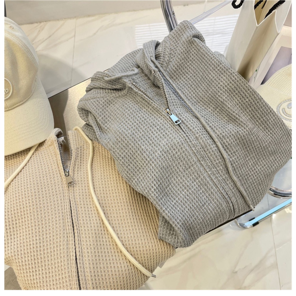 Áo khoác sweater HIIXIIVI dáng rộng có mũ trùm phối khóa kéo thời trang mùa thu 2022 cho nữ