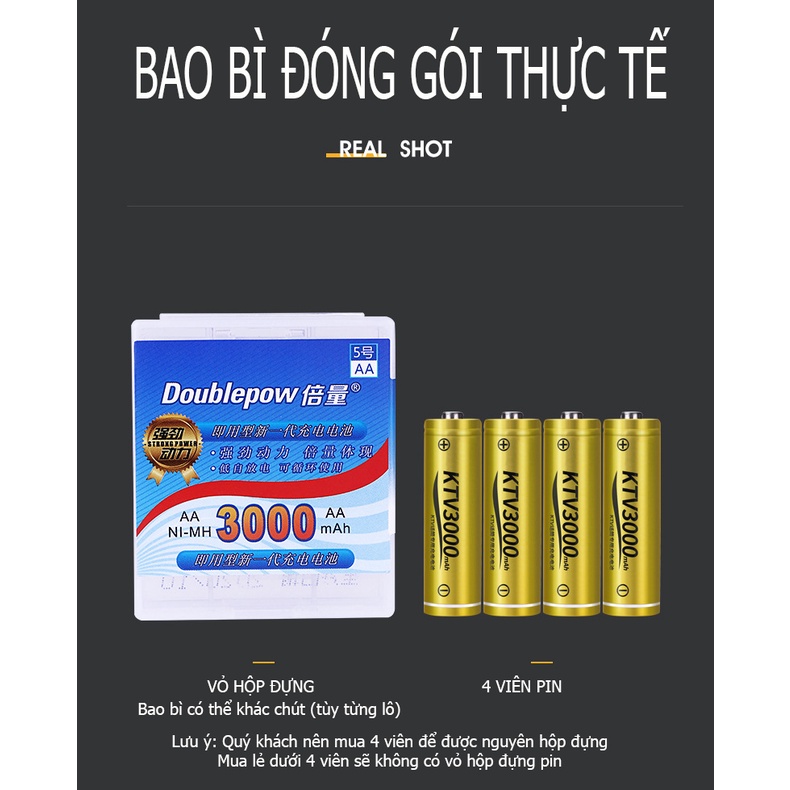 [Combo 4 viên] Pin sạc AA 3000mAh (vàng) chính hãng Doublepow - Pin dung lượng cao chuyên dùng cho Micro KTV, cửa ra vào