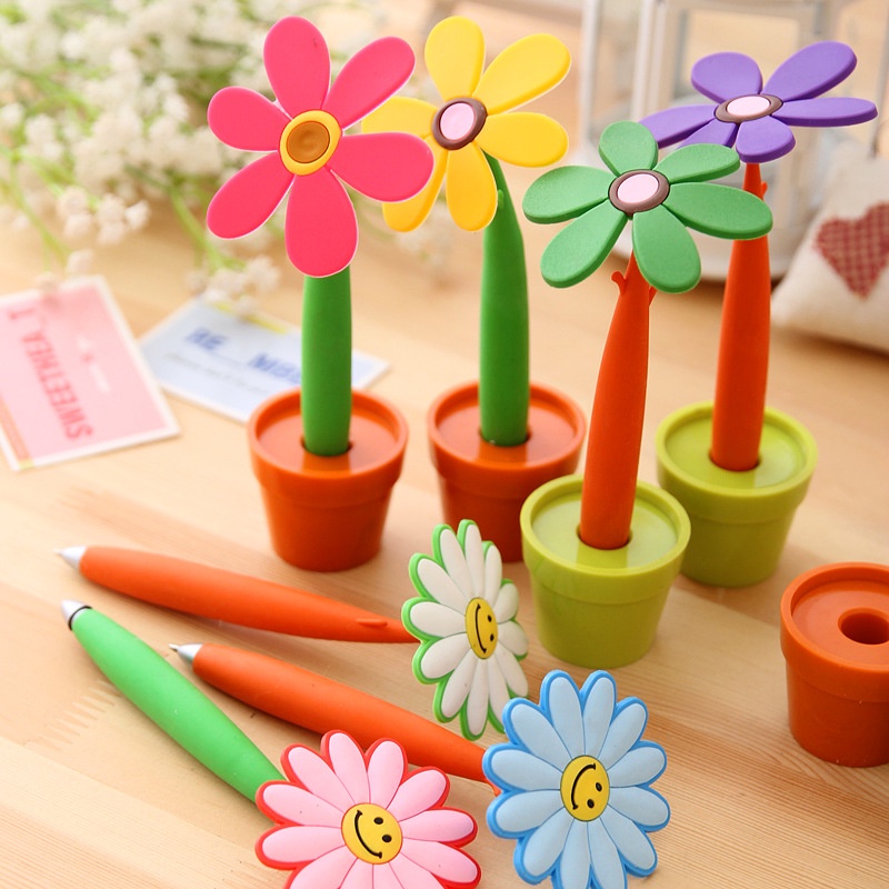 Bút Bi Hình Chậu Hoa Hướng Dương Màu Tím / Vàng Kim Sáng Tạo Kiểu Hàn Quốc