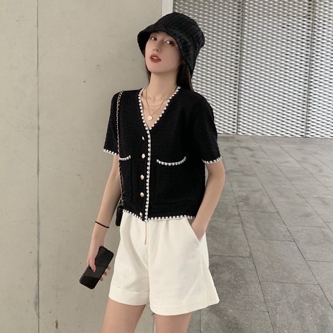 Áo cardigan dệt kim tay ngắn phong cách cổ điển | BigBuy360 - bigbuy360.vn