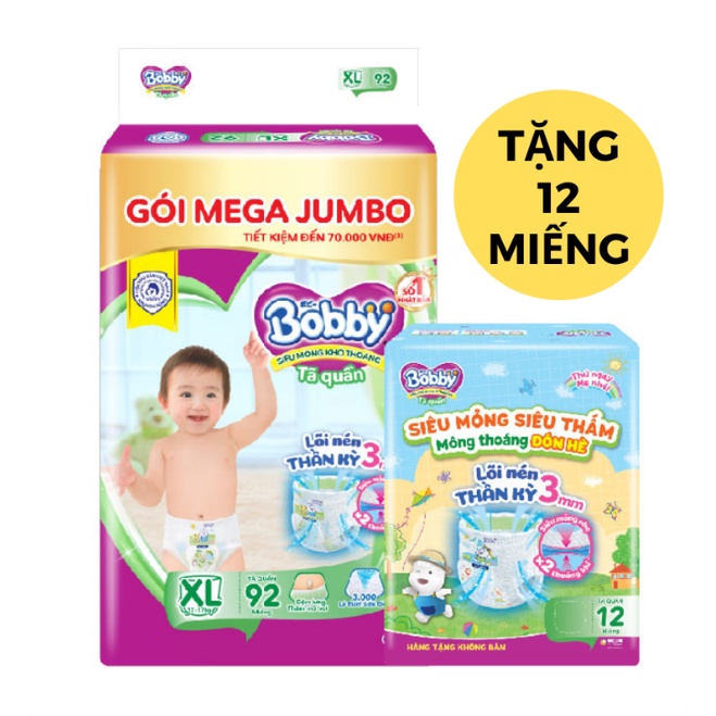 Tã bỉm quần Bobby gói Mega Jumbo M124/L120/XL96/XXL88