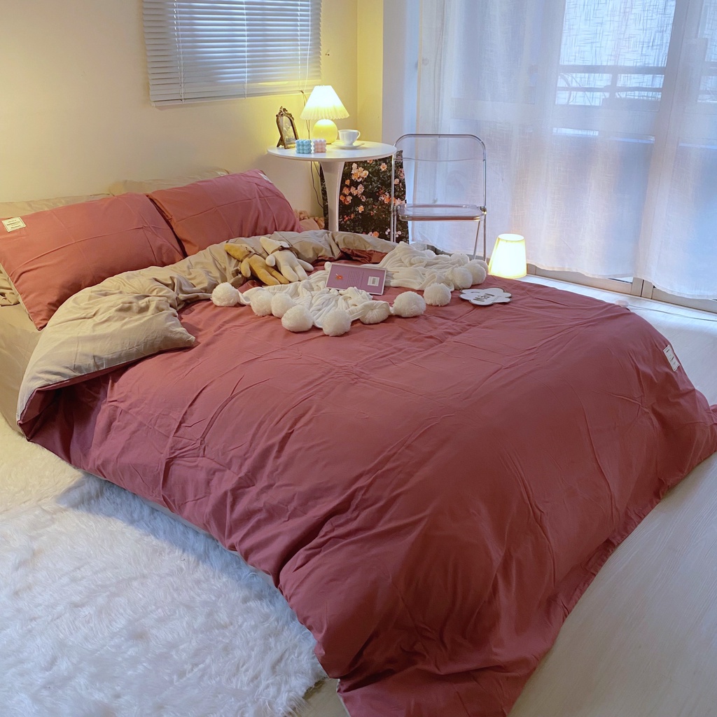 Bộ chăn ga gối COTTON TC trơn phối ga trải giường màu be MÂY BEDDING đủ màu cam hồng tím nâu vàng đủ kích thước nệm
