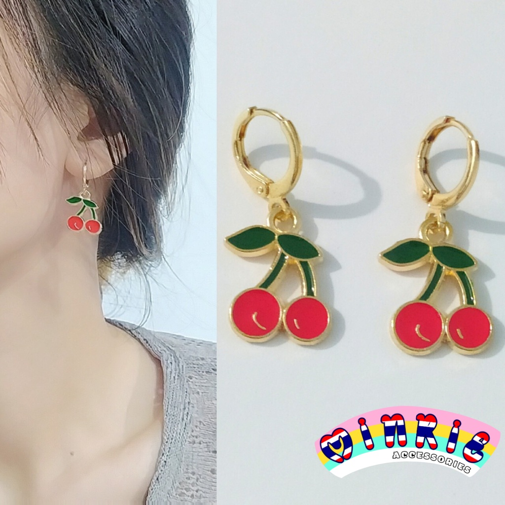Bông tai nữ Cherry inox mạ vàng không gỉ không dị ứng mang trẻ trung sang chảnh Minrie Accessories