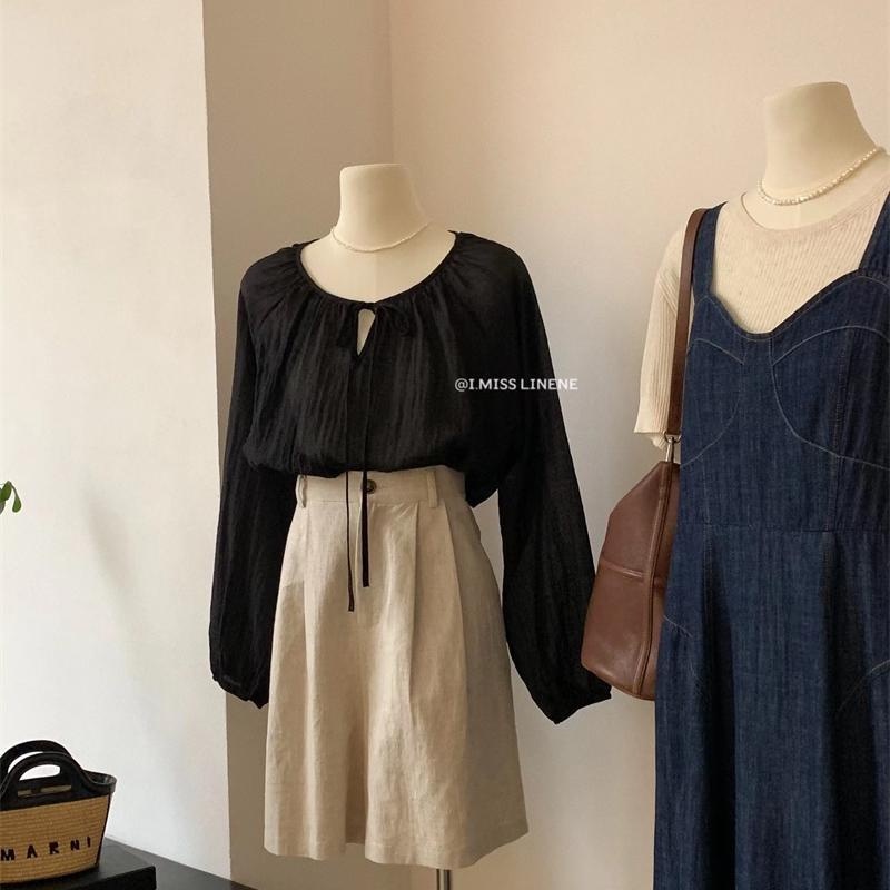 Áo Kiểu Tay Dài Cổ Tròn Cột Dây Xếp Ly Màu Trơn Thời Trang Mùa Thu 2022 Dành Cho Nữ