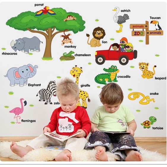 Decal dán tường cho bé decor phòng ngủ MIVIDECOR tranh dán tường cho bé vườn thú tiếng anh