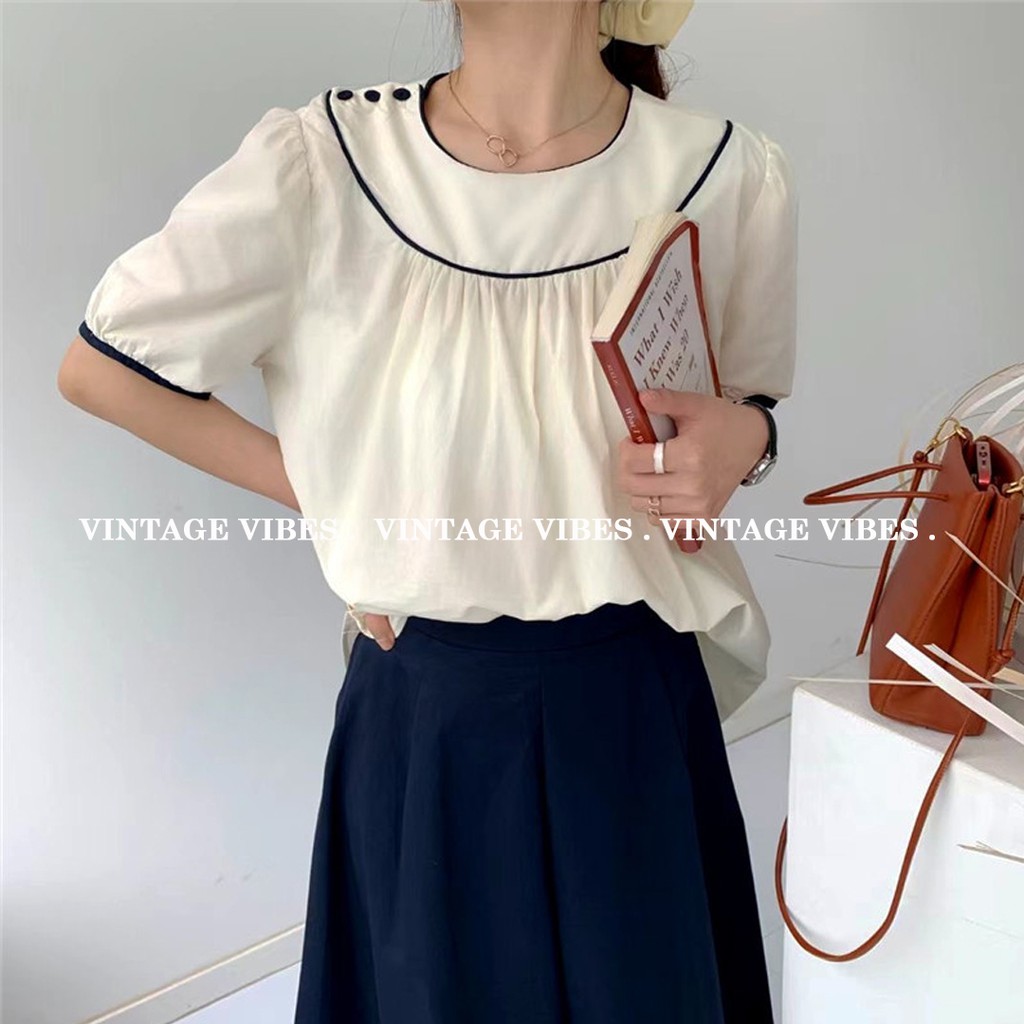Áo babydoll cổ tròn phối khuy thanh lịch (hàng QC) - Ảnh thật