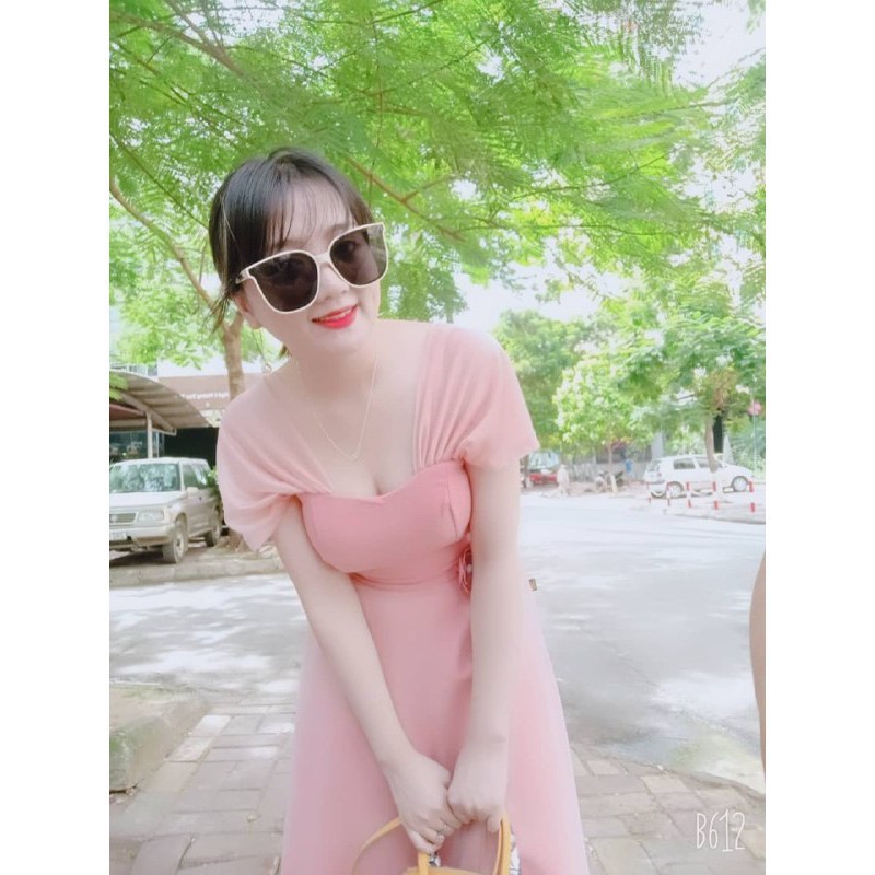 [ xả kho ] MiD Đầm hồng tay voan trễ vai V1069 Mie Design ảnh thật