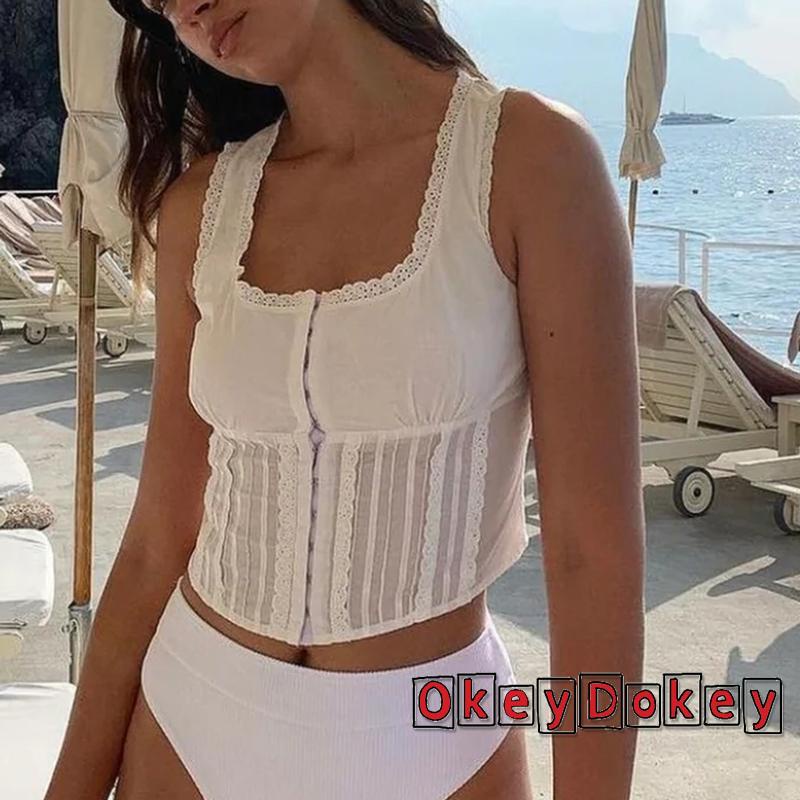 Áo Không Tay Cổ Vuông Viền Ren Cài Nút Thời Trang Dự Tiệc Cho Nữ