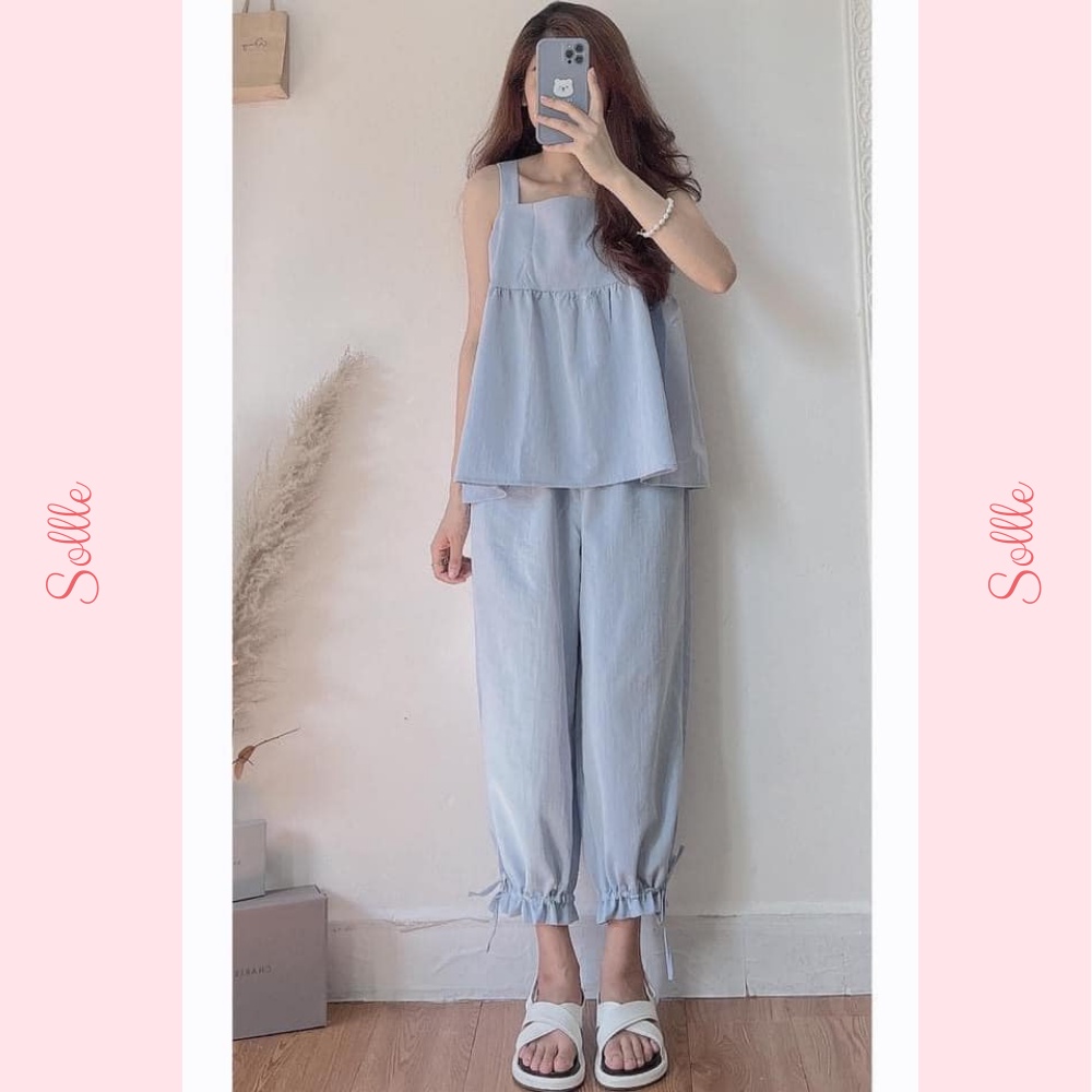 𝗦𝗔𝗟𝗘 Set bộ nữ mùa hè áo hai dây bản to và quần dài bom rút ống vải đũi Sollle