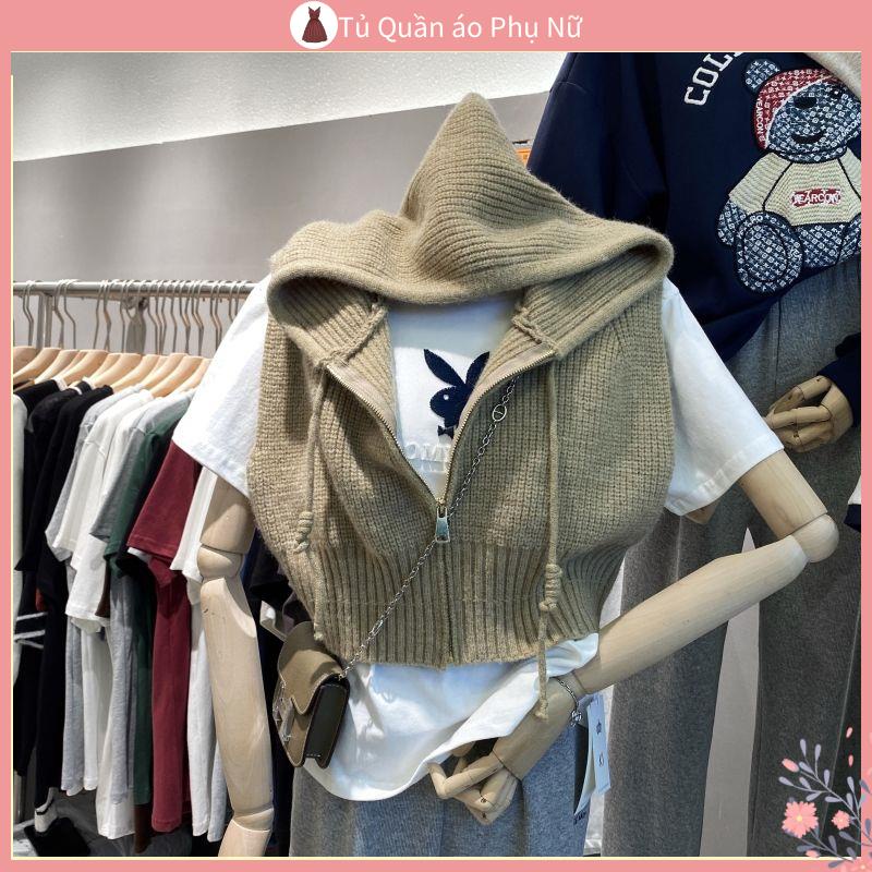 / O Gile n > H n Qu gotc v > n > Áo Khoác Cardigan Dệt Kim Dáng Rộng Ngắn Không Tay Có Mũ Trùm Màu Trơn Mùa Xuân Hàn Quốc Cho Nữ