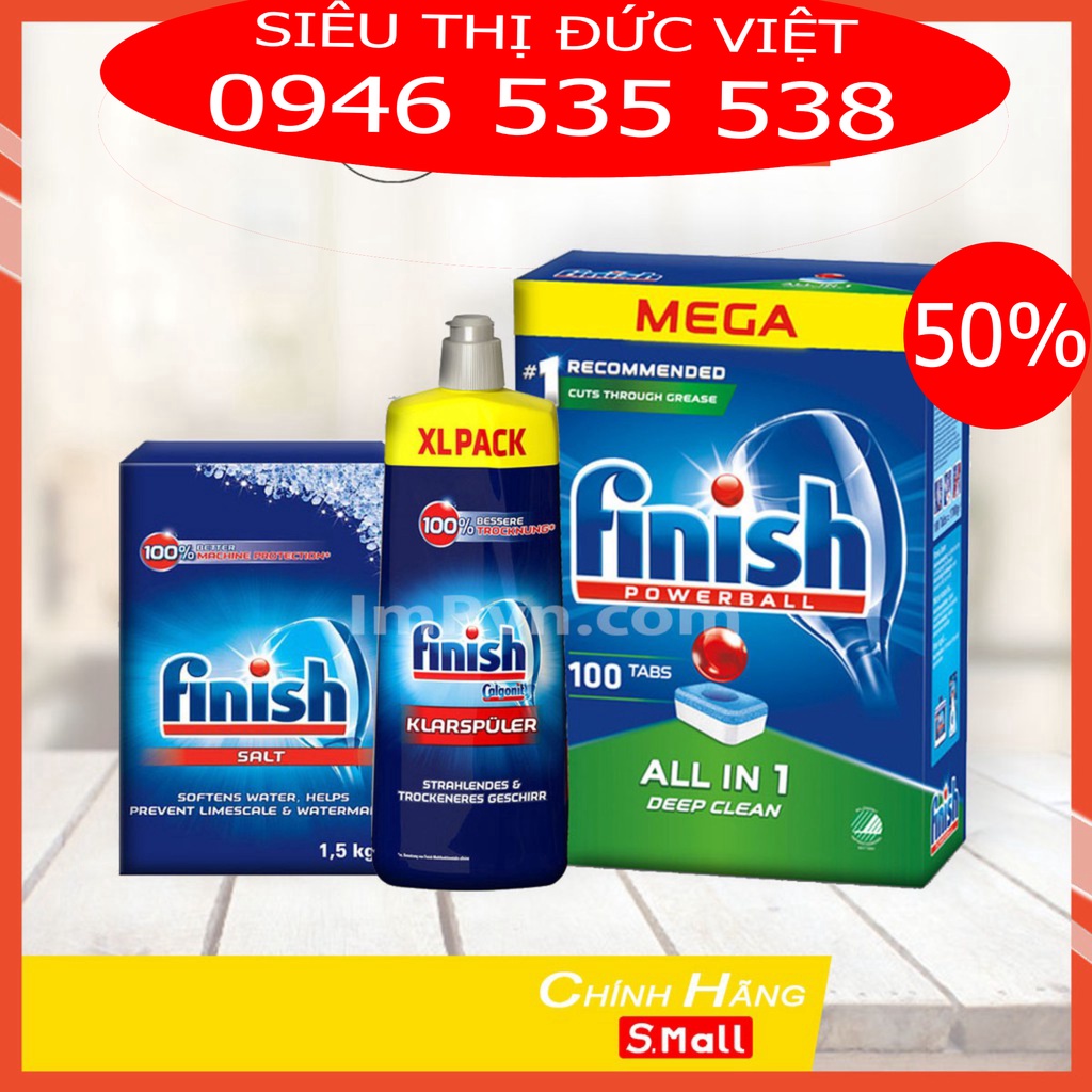 Combo rửa bát Finish Hộp All in one 100 viên, Muối 1.5kg, Nước làm bóng 750ml
