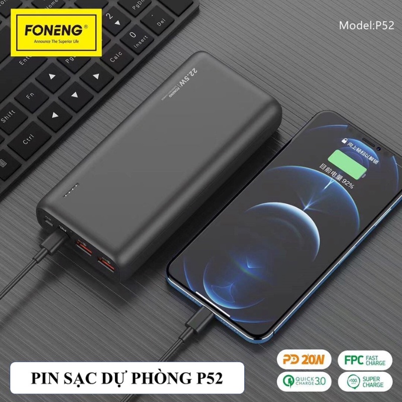 Sạc Pin Dự Phòng Foneng Flagship 20.000mAh P52- Sạc Nhanh PD 22.5W - Chính hãng Bảo Hành 12 Tháng
