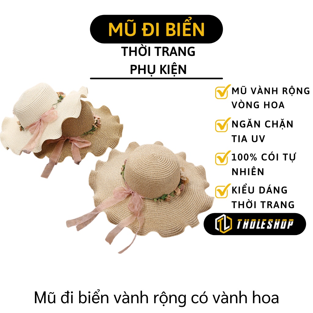 Mũ Rộng Vành - Nón Cói Đi Biển Đan Có Hoa Và Nơ Thêm Dịu Dàng, Chống Tia UV 7171