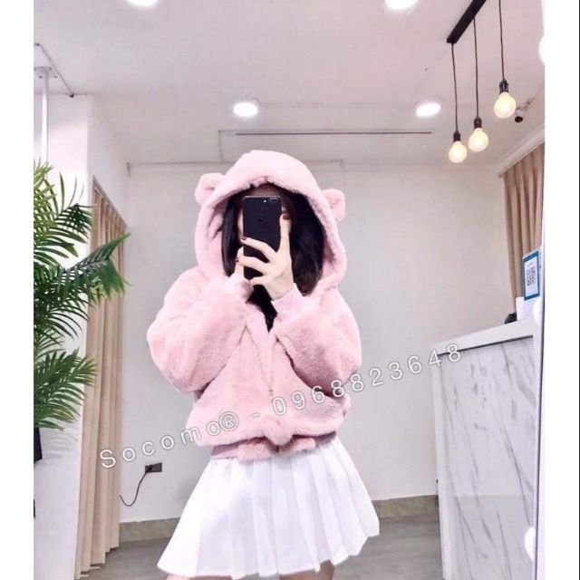 Áo khoát lông tai gấu siêu cưng