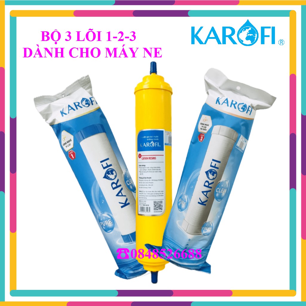 [❤️CHUẨN CHÍNH HÃNG❤️]Bộ 3 lõi lọc 123 Karofi xử lý nước cứng ( Nước nhiễm đá vôi)- Lõi số 2 Cation vỏ T3- cho máy Ne