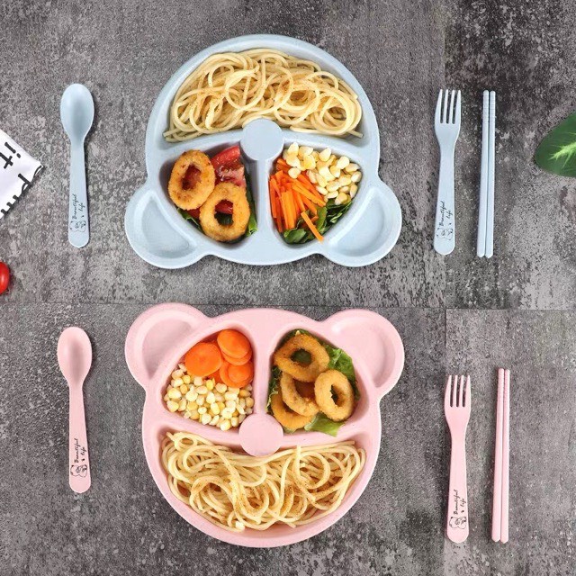 Khay Ăn Dặm Lúa Mạch Hình Gấu 3 Ngăn An Toàn Cho Bé Tặng Kèm Thìa Dĩa - SABOMART