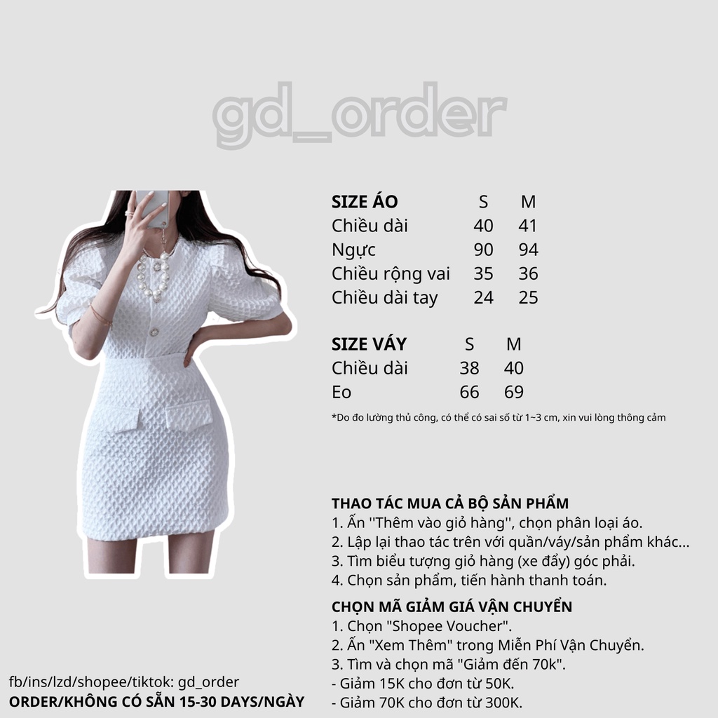 B60|Set bộ nữ sang trọng áo tay phồng thanh lịch đính ngọc, váy cạp cao ôm body màu trắng, đen gd_order