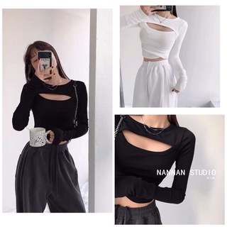 Áo kiểu thun tay dài croptop phối xẻ sexy cho nữ