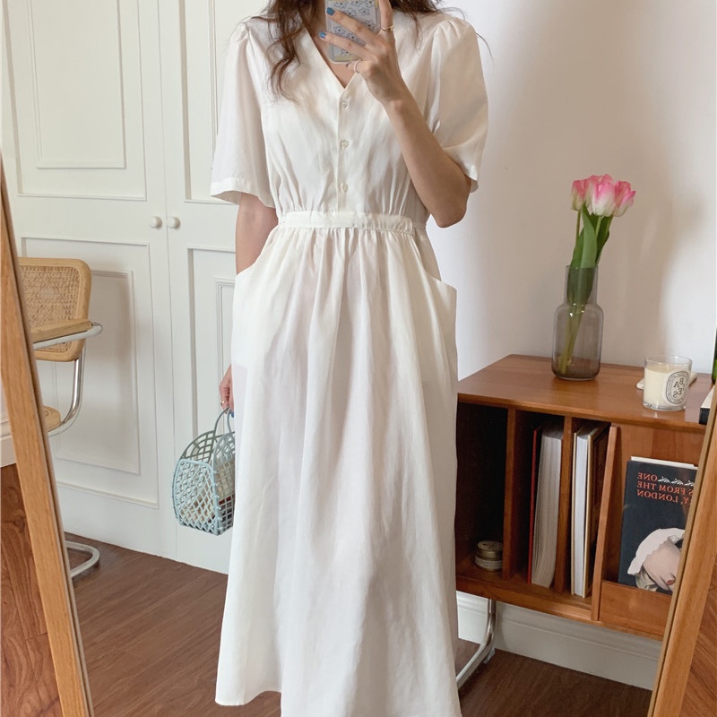 SUXI Đầm Midi Cổ Chữ V Màu Sắc Đơn Giản Phong Cách Hàn Quốc Cổ Điển Thời Trang Cho Nữ