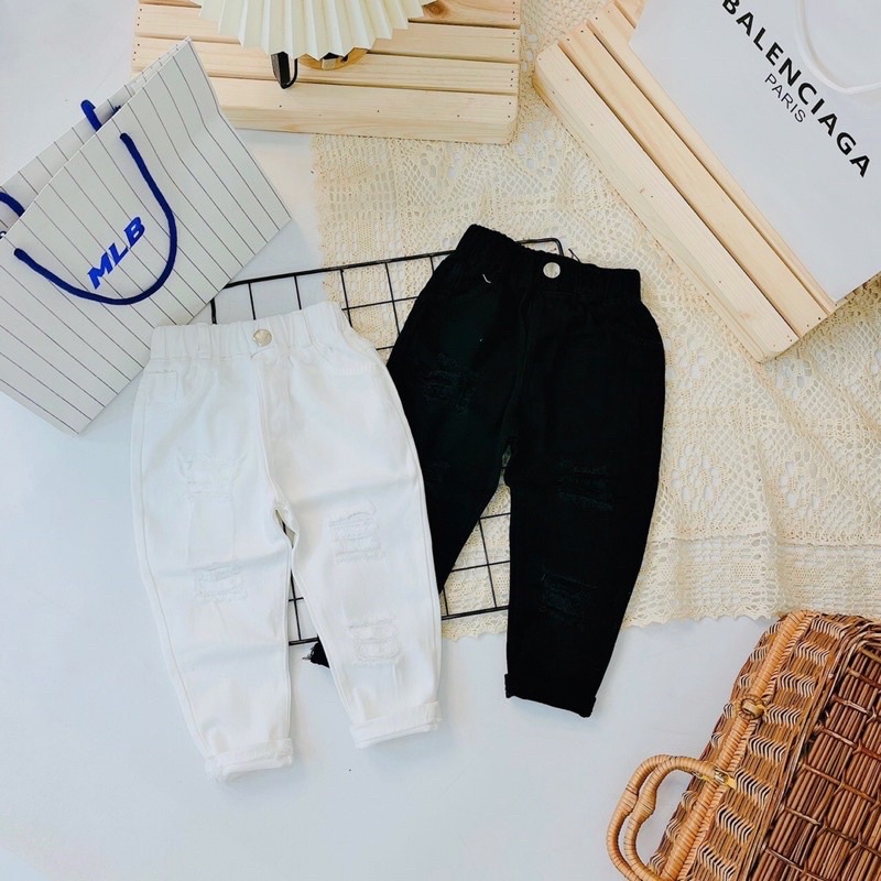 Quần Kaki Cho Bé , Quần Dài Rách Gối Co Giãn 2 Màu Đen - Trắng Cho Bé Trai,Bé Gái