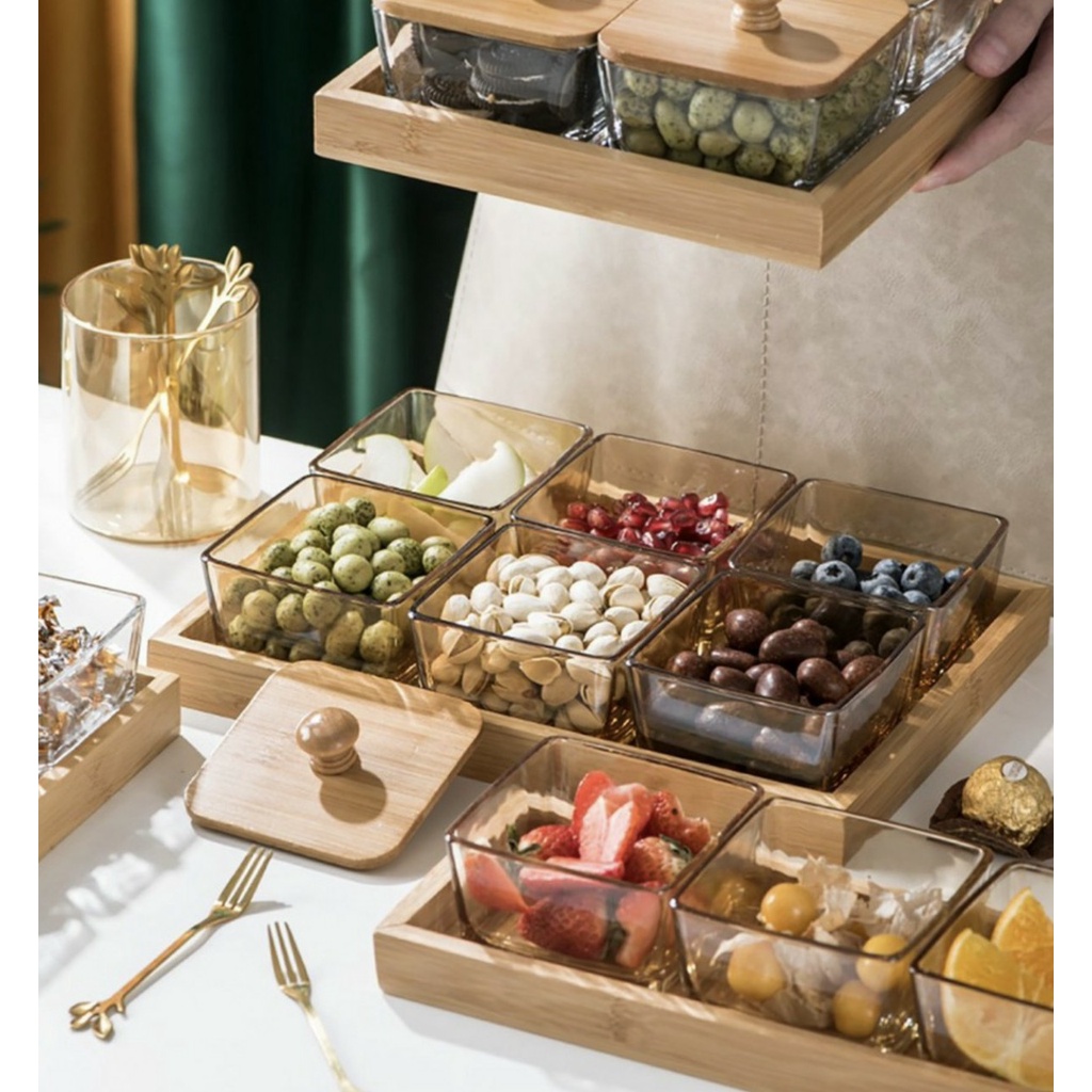 Khay mứt Tết 6 hũ thủy tinh màu hổ phách , đồ đựng ô mai, kẹo bánh: 13.68